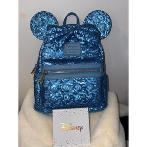 Disney Loungefly Minnie Sequin Blue Backpack & Minnie Earrings Bundle – NWT